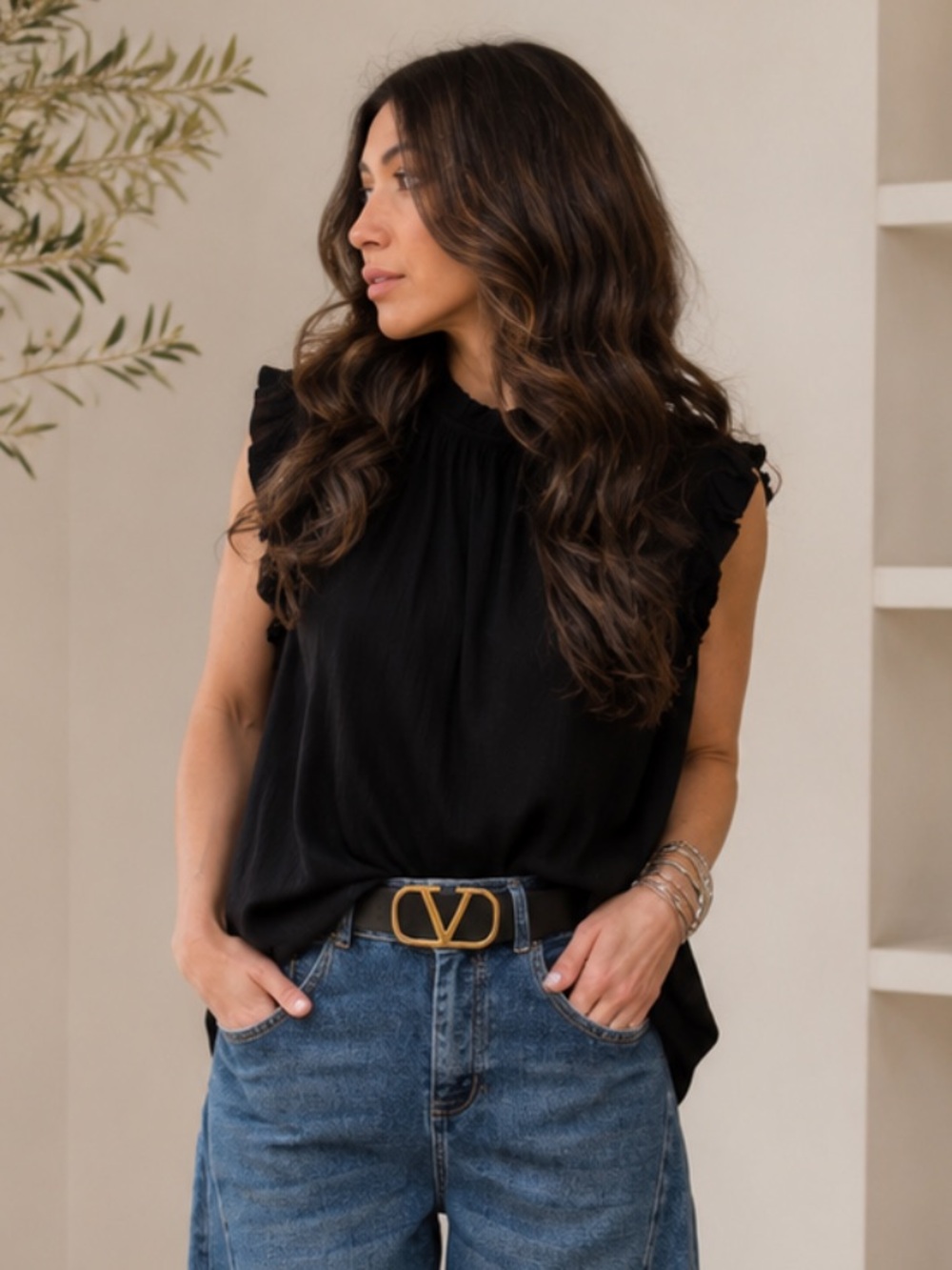 ShopEvelynne Black Ruffle-Trim Pleated Camisole